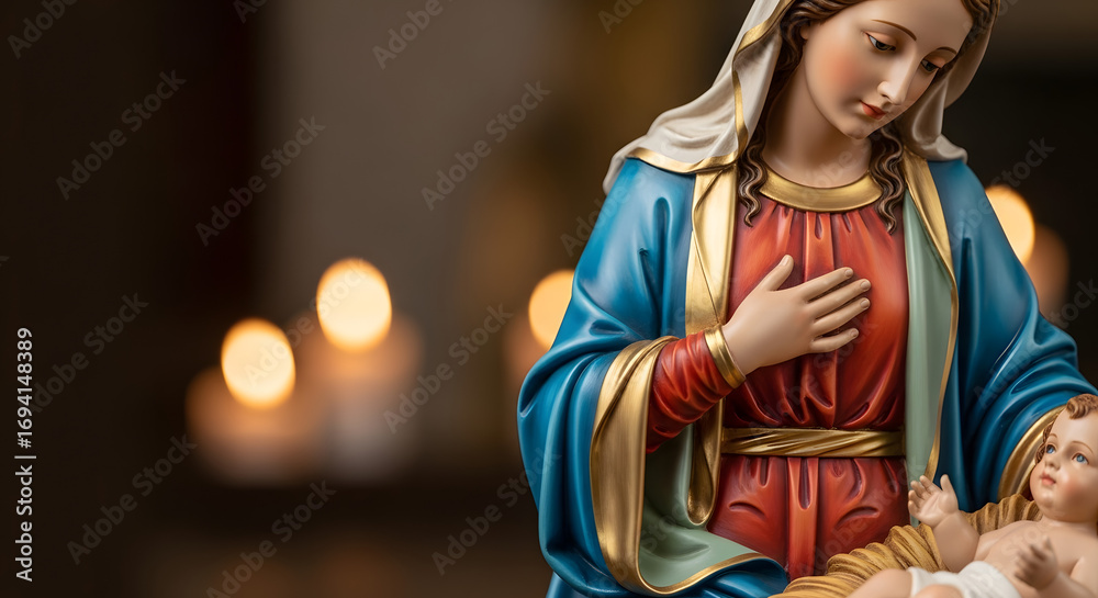 Fototapeta premium Close-up of a religious Christmas nativity scene with the Virgin Mary looking lovingly at the baby Jesus