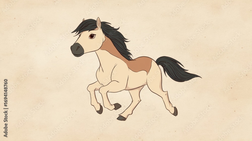 Obraz premium Cartoon Horse in Mid-Gallop on Parchment Background Depicting Vibrant Energy and Playful Spirit in a Whimsical Style