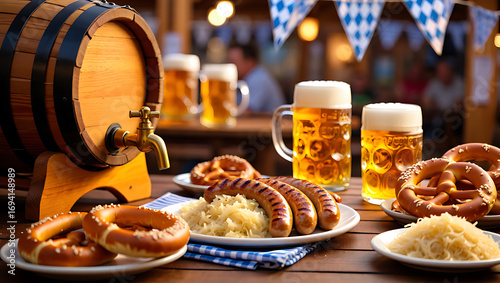 Traditional german oktoberfest feast with a wooden beer barrel frothy beer mugs bratwurst sausages sauerkraut and pretzels on a rustic wooden table with festive checkered decorations in the background