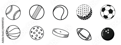 Sports ball set designs with outline style. Soccer, tennis, softball, cricket, bowling, rugby, pickleball, hockey, golf and more.