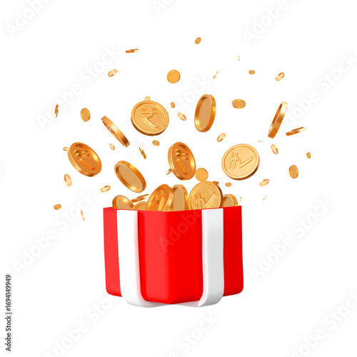 3d golden India coins flying out of a red box. Gradien mesh. Stock vector illustration on isolated background.	