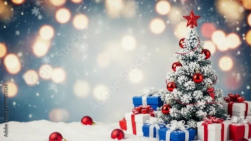 Tree adorned with presents, snowflakes, bokeh lights; 