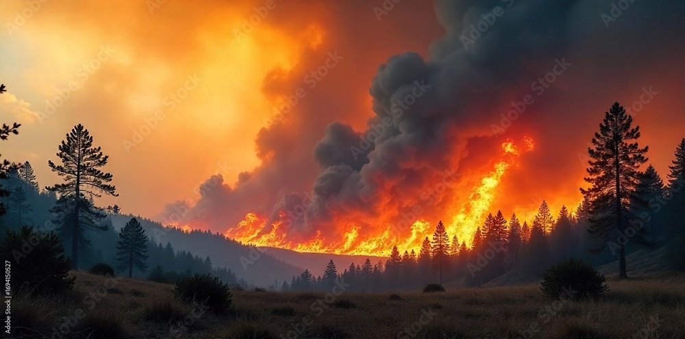Fototapeta premium Devastating Wildfire Rages Through Dry Forest, Creating a Massive Plume of Smoke, High Flames Leap into the Air, Ecological Disaster, Environmental Damage