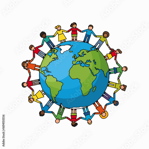 Diverse children holding hands around the planet representing global unity and togetherness