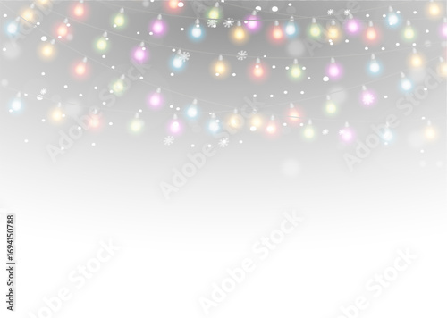 Merry christmas lamps glowing with garland string light, festive illumination and bright holiday celebration background png.