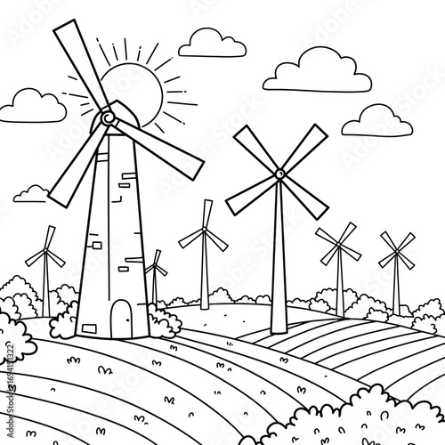 Black and white line drawing of a sunny landscape with multiple windmills in a field of crops under a cloudy sky