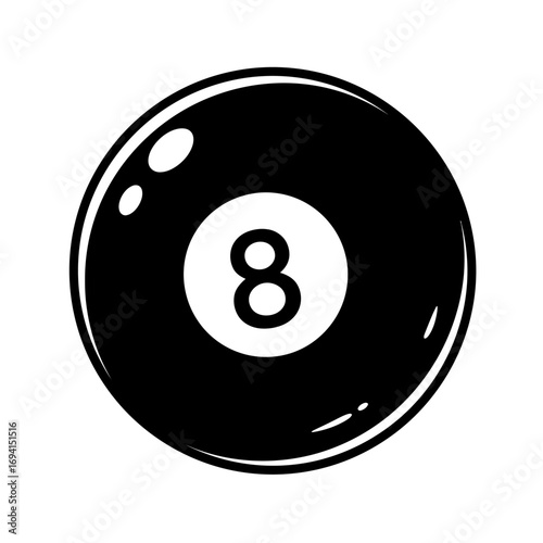 Classic black eight ball with white number 8 in the center isolated on a white background symbolizing luck and games
