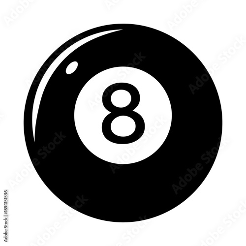 Close up of a black eight ball from a pool billiard game isolated on a white background with a subtle highlight