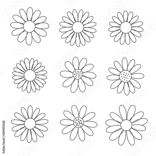 Collection of nine hand drawn daisy flower illustrations in a simple outline sketch style on a white background
