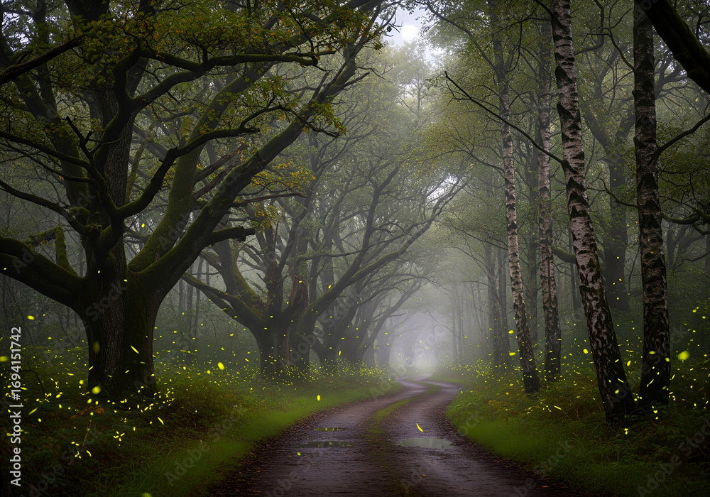 Naklejka premium Fairytale foggy forest landscape with road and glowing fireflies.