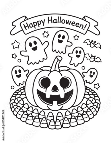 Cute Halloween Coloring Book Pages For Kids,  Vectors Illustration, Line Art, Black & White Designs, Bold-Easy, A4 Size 8.5x11" Inches, 