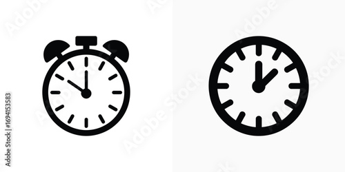 Two Black Clock Icons With Alarm, One Displaying Five To Seven, Transparent