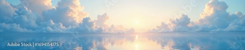 Ethereal cloudscape meets tranquil shoreline; soft, diffused light bathes the scene in a serene, dreamlike atmosphere  Perfect for peaceful, calming themes ,  vapour,  sunset
