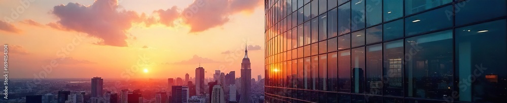 Fototapeta premium Sleek modern glass facade office building reflecting the city skyline at sunset Perfect for corporate branding, architecture, and real estate marketing , night, sunset