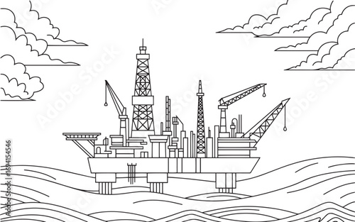 Ocean Oil Drilling Rig Vector Illustration – Energy Industry Offshore Platform Line Art