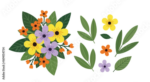 Floral Arrangement, Colorful Flowers, Artistic Illustration, Nature, Vibrant Environment, Top View, Botanical Design