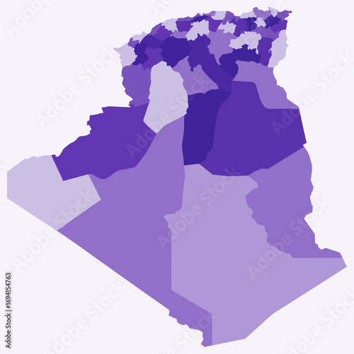 Map of Algeria with regions. Just a simple country border map with region division. Deep purple color palette. Plain People's Democratic Republic of Algeria shape with administrative division.