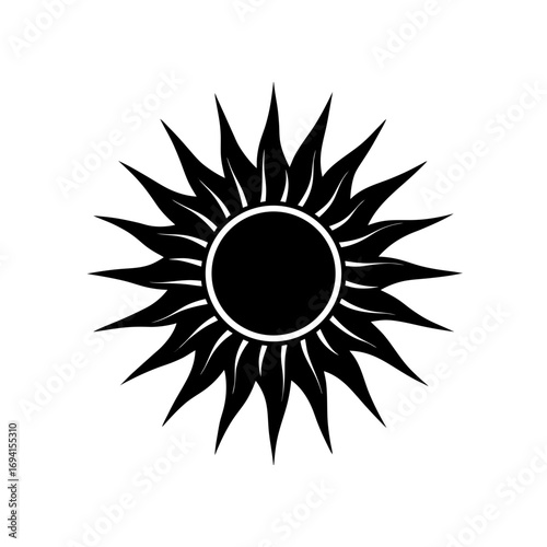 Stylized sun with sharp radiating points on transparent background silhouette