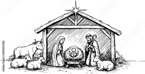 Nativity scene with baby Jesus, Mary, Joseph, angels and Christmas Christian vector illustration artwork