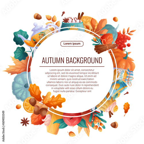 Decorative frame with autumn elements. A square wreath with autumn leaves, drinks and food for postcards and invitations to autumn parties. Vector illustration