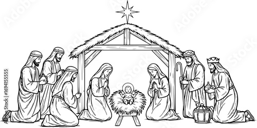 Nativity scene with baby Jesus, Mary, Joseph, angels and Christmas Christian vector illustration artwork