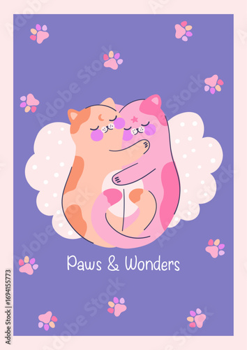 Colorful posters with adorable two kittens sleeping on cloud hugging