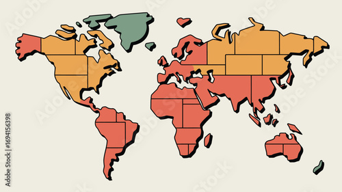 Stylized world map illustration with continents divided into colored rectangular sections design art