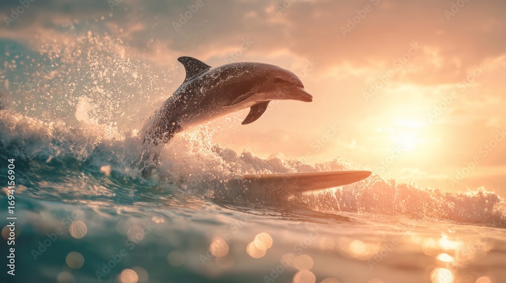 Fototapeta premium Dolphin leaps through ocean waves during a vibrant sunset near a tropical coastline captured in an enchanting atmosphere