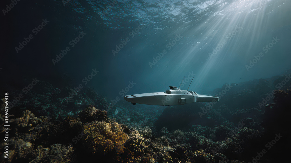 Fototapeta premium underwater drone conducts covert reconnaissance in highrisk zone exploring coral reefs