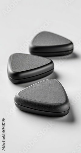 Three dark gray triangular objects on a light gray surface