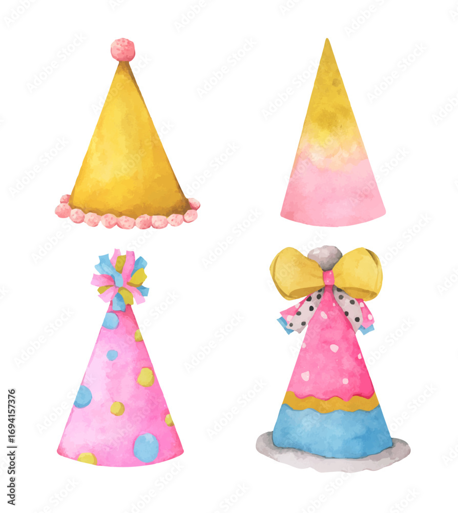 Obraz premium Watercolor Party Hat. Birthday and New Year Celebration Cone Hat Illustration