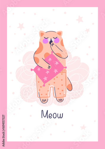 Colorful posters with adorable kitten yawns and hugs pillow