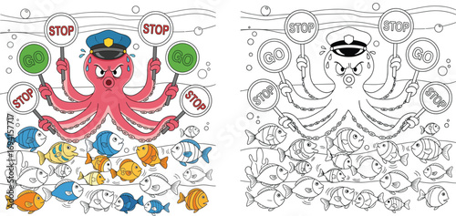 Busy Octopus Traffic Cop Directing Fish with Stop and Go Signs