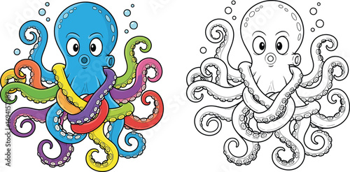 Cute Blue Octopus with Colorful Tentacles