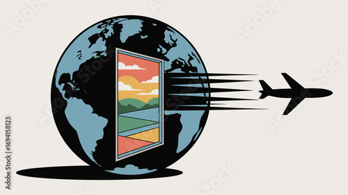 A globe with a door showing a landscape and a plane flying out, representing global travel idea