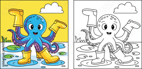 Playful Octopus Splashing in Puddles with Rain Boots
