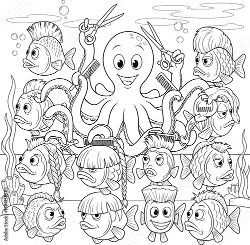 octopus barber serving various fish clients is perfect for children's coloring books