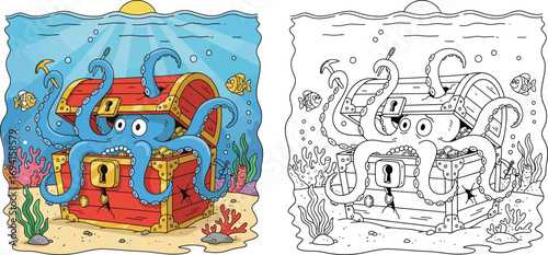 Whimsical Cartoon Octopus Guarding a Sunken Treasure Chest