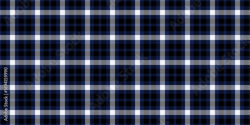 Classic plaid pattern in blue, black, and white. Ideal for backgrounds, textiles, or design projects requiring a timeless, textured feel and style.
