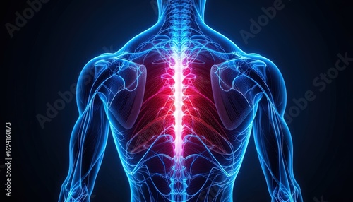Detailed back anatomy highlights spine for medical visualization and healthcare education material