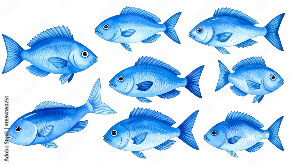 Fototapeta premium A watercolor illustration featuring nine stylized, marine creatures in varying poses and sizes. 