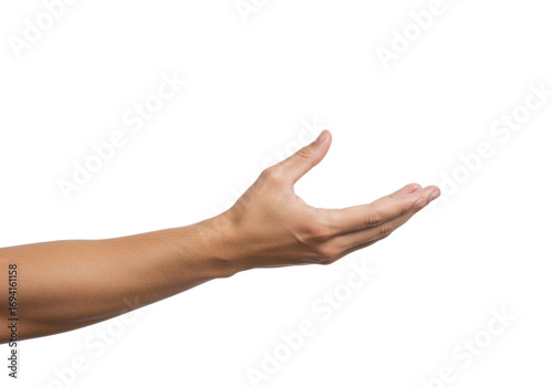 Adult human arm with neutral skin tone, bare, clean, hand extended palm open in a gesture of offering on a seamless transparent studio background. Concept of partnership and support