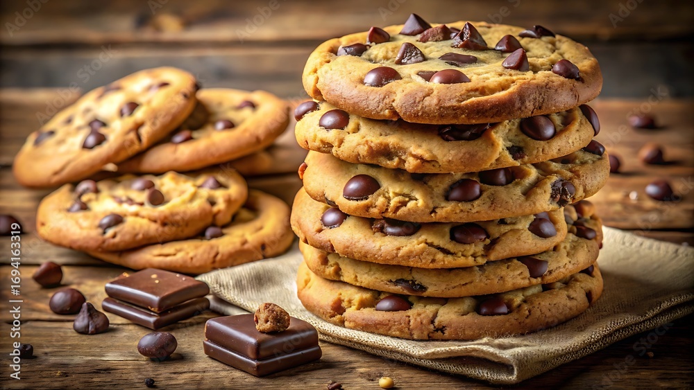 Delicious chocolate chip cookies stacked high on a rustic wooden table Delicious chocolate chip cookies stacked high on a rustic wooden table