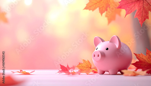 Autumn Savings: A cute piggy bank surrounded by vibrant, colorful fall foliage on a soft, blurred background, representing financial planning.