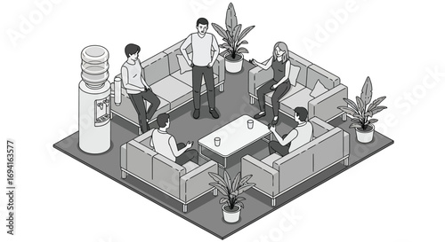 Isometric view of a group of people in a lounge area with sofas and a water cooler in grayscale art