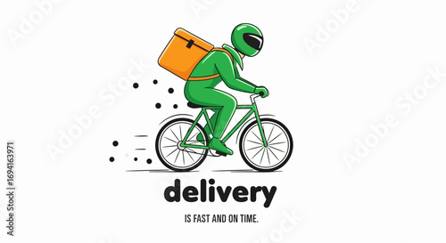 Delivery person on bicycle with package against white background on transparent background