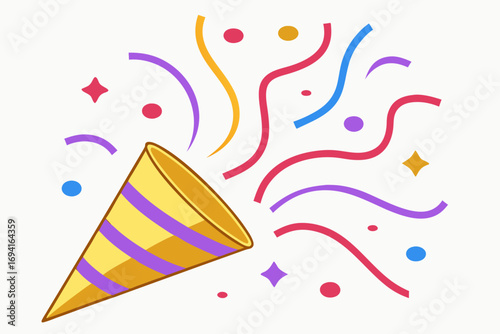 Celebratory party popper explodes with colorful confetti and streamers for festive occasions