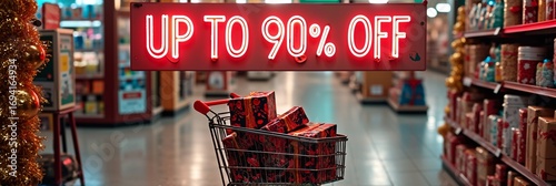 Shopping cart filled with gifts under neon sale sign in holiday decorated store aisle