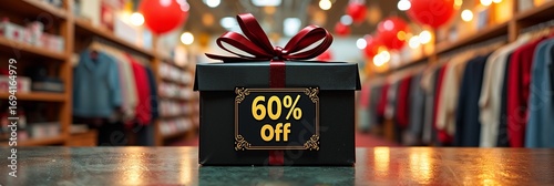 Gift box with ribbon on store counter offering 60% discount during sale event