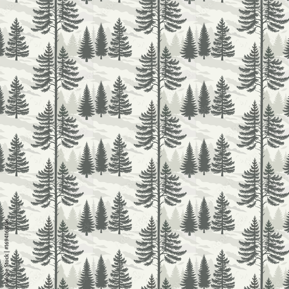 Fototapeta premium Seamless Woodland Camouflage Pattern with Pine Trees in Dark Green, Brown, Beige